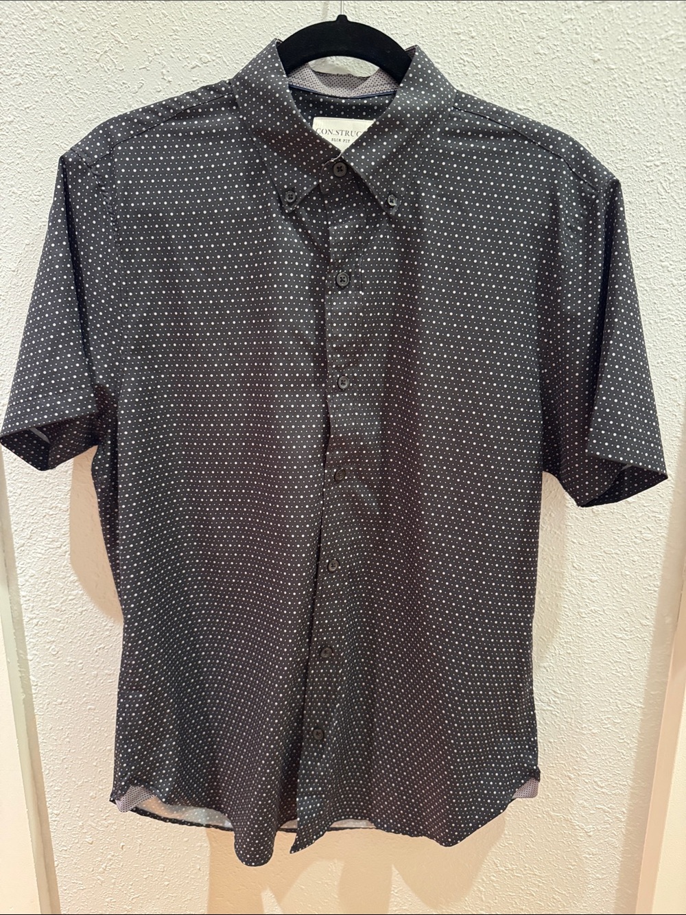 Men's Short-Sleeve Button-Down Shirt — Black with White Microdots